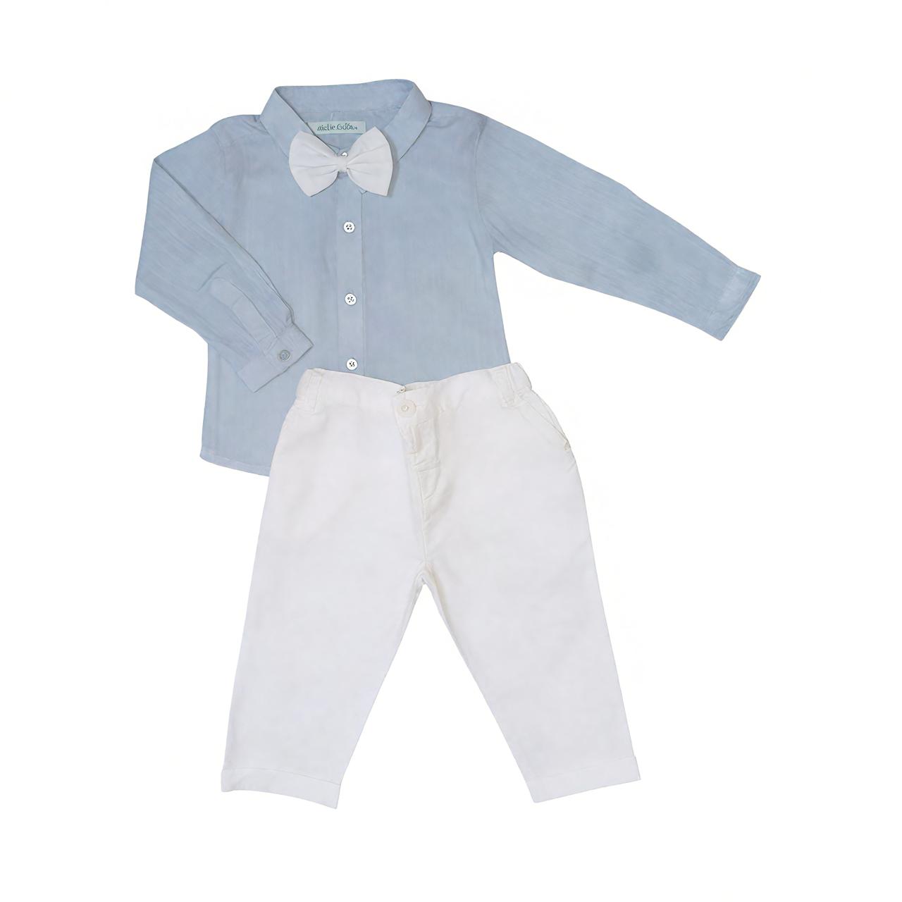 Long Sleeve Shirt with Pant & Bow- Light Blue & White