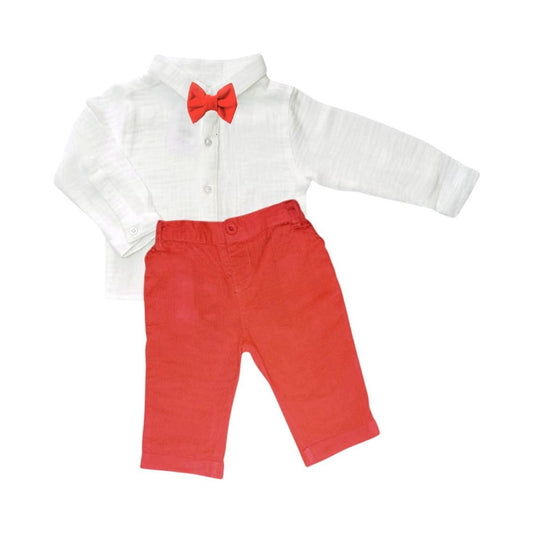 Boy's Outfit - Red Pant , White Shirt & Bow