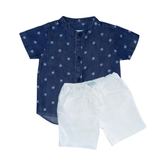 Chinese Collar Printed Shirt with Denim Short