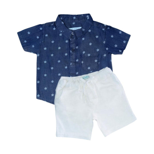 Flower Printed Collar Shirt with White Denim