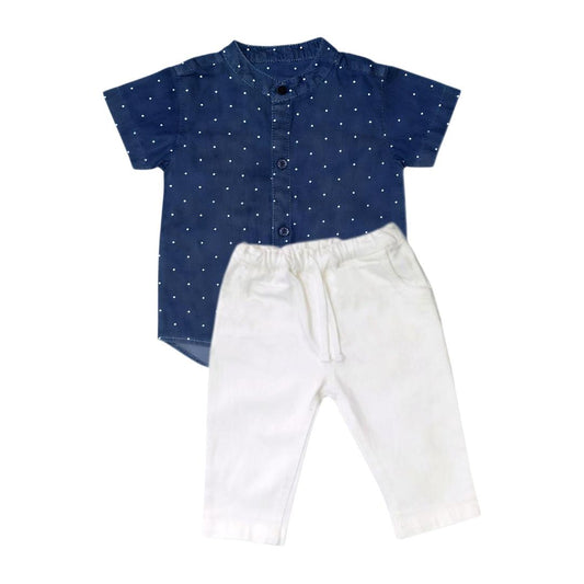 Dot Printed Chinese Collar Shirt with White Denim Pant