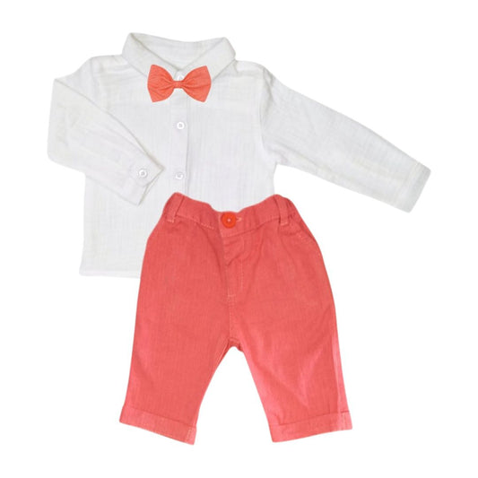Boy's Outfit  - Dark Orange Pant , Long Sleeve Shirt & Bow