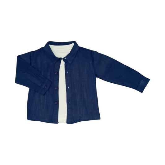 Boy's Casual T - Shirt & Shirt Set - White & Dark Blue