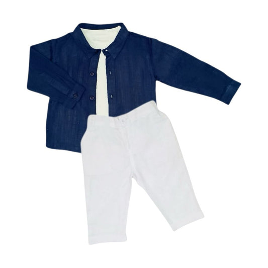 Boy's Casual Outfit - White & Dark Blue