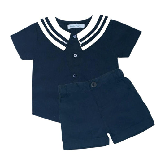 Sailor Collar Shirt & Short Set - Dark Blue