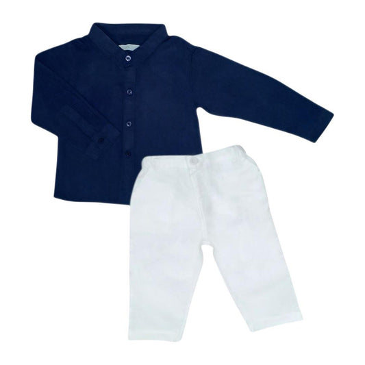 Boy's Formal Shirt & Pant Set - Dark Blue & White