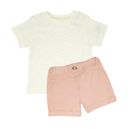 T Shirt & Short Set - Off White & Pink