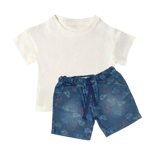 Drop Shoulder T Shirt with Printed Denim Short