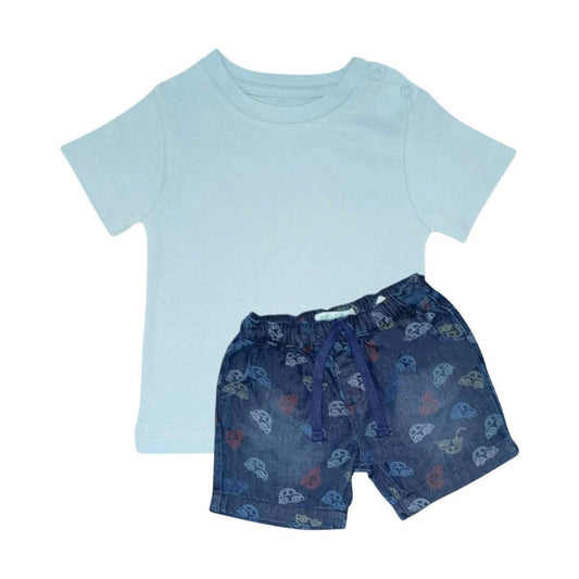 Light Blue T Shirt with Printed Denim Short