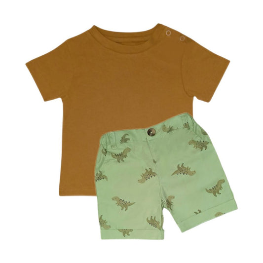 Dino Print Short with T Shirt - Green & Brown