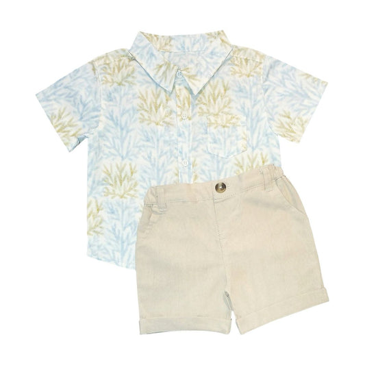 Printed Blue Shirt with Beige Short