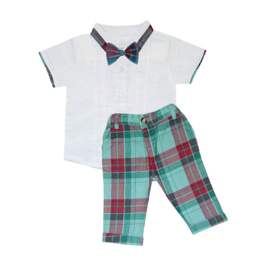 White Shirt with Green Check Pant & Bow