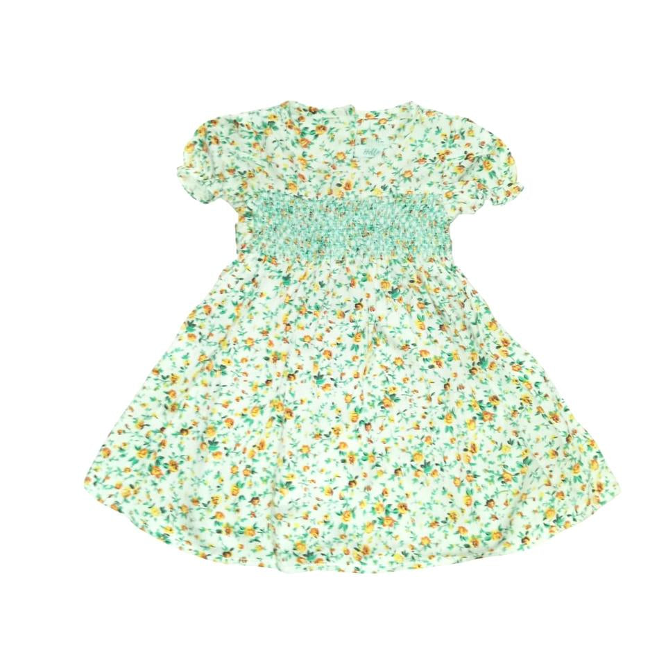 Green Floral Print Smocking Dress