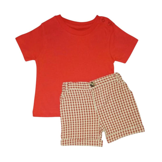 Red T Shirt with Check Short