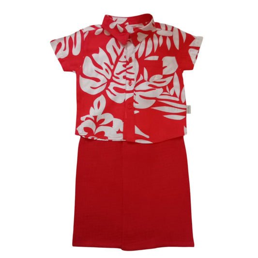 Boy's Avrudu Kit-Red Sarong & Leaf Print Shirt