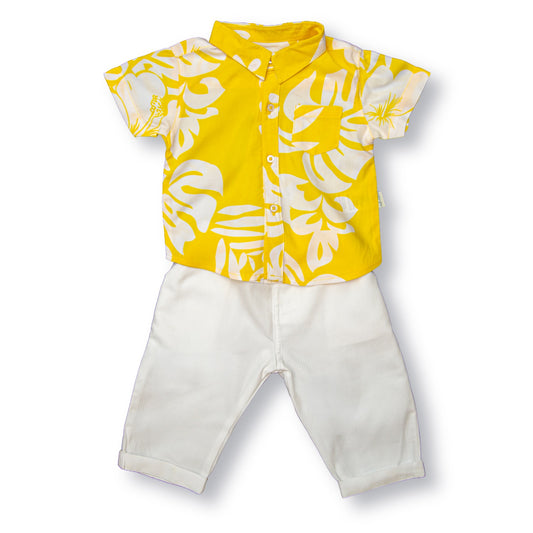 Leaf Print Yellow Shirt With White Pant