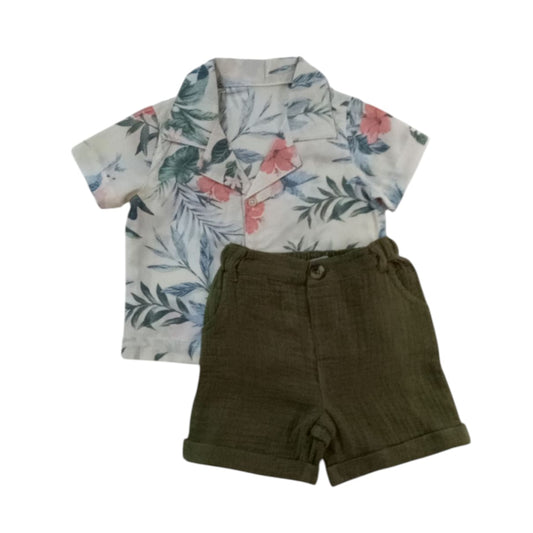 Floral Shirt & Olive Green Short Set