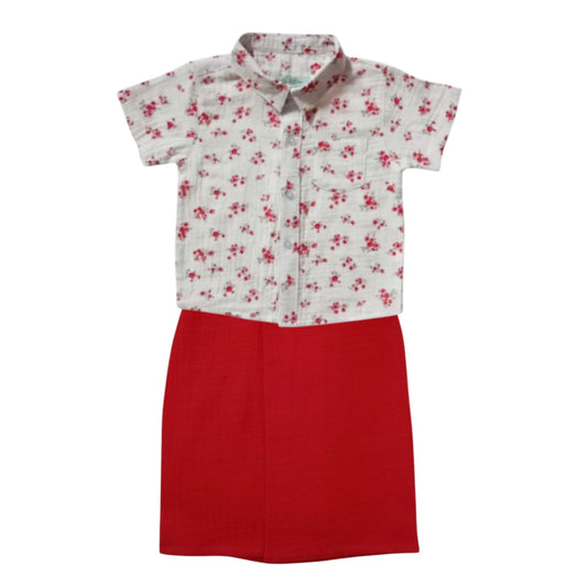 Boy's Avrudu Kit-Red Sarong & White Floral Shirt