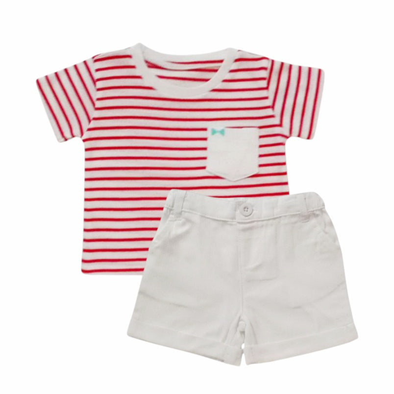Red Striped T-shirt With White Short Set