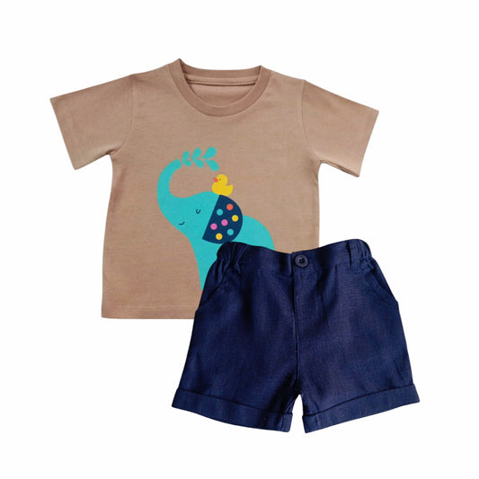 Elephant Print T-shirt With Dark Blue Short set