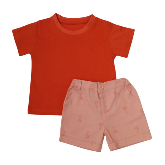 T-shirt With Coconut Tree Print Short Set - Orange