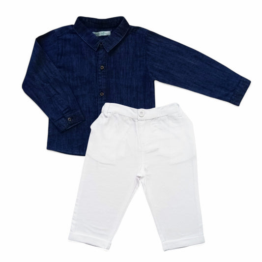 Denim Long Sleeve Shirt With White Pant