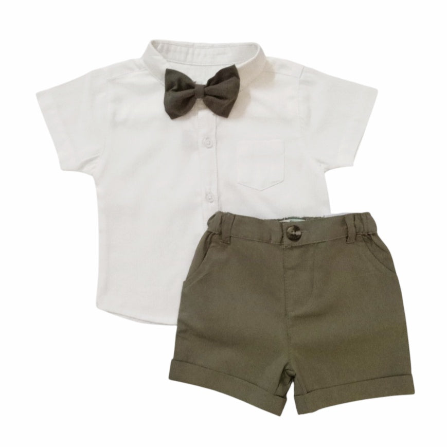 White Collar Shirt With Olive Green Short & Bow Set
