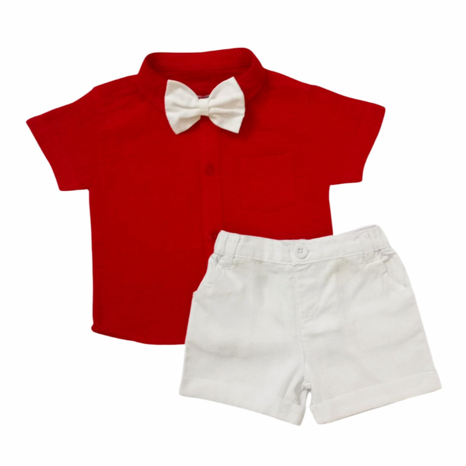 Red Collar Shirt With White Short & Bow Set