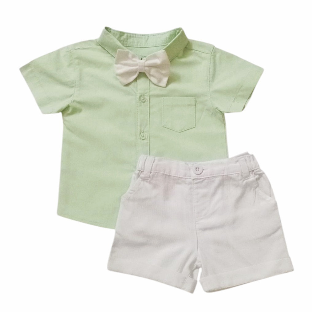 Light Green Collar Shirt With White Short & Bow Set