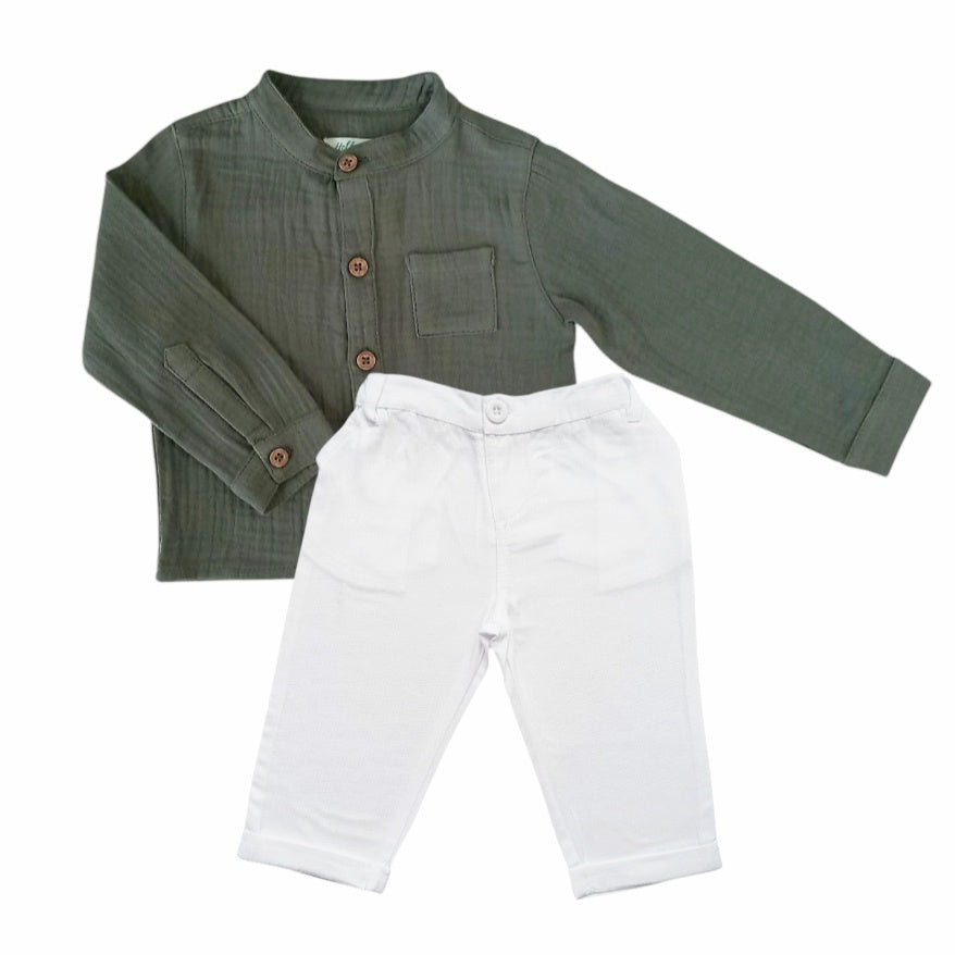 Olive Green Longsleeve Shirt With White Pant Set