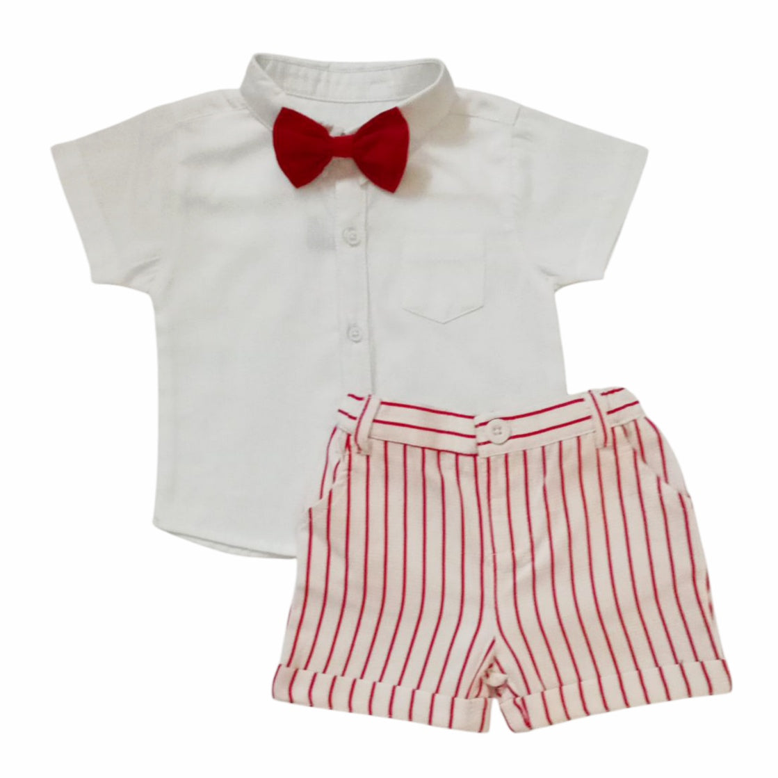 White Collar Shirt With Red Striped Short & Bow Set