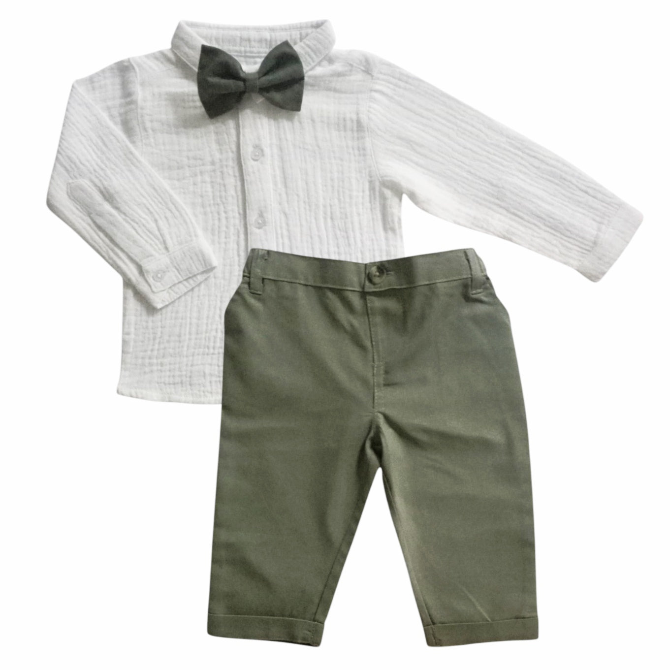 White Longsleeve Shirt With Olive Green Pant & Bow Set