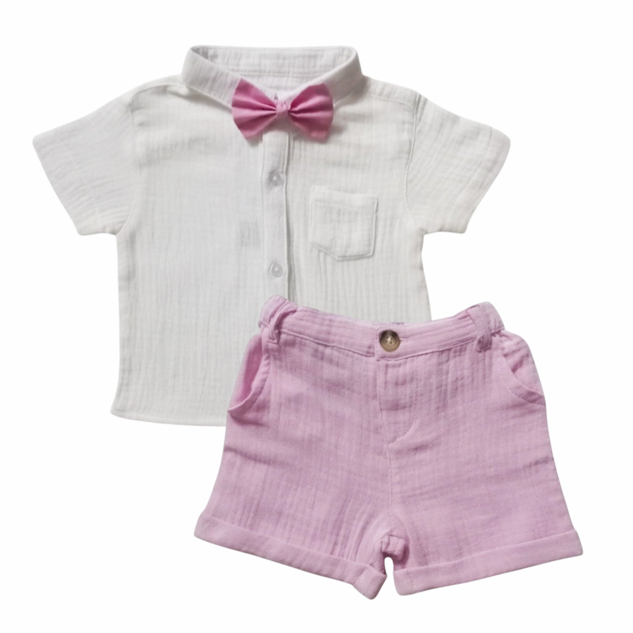White Collar Shirt With Pink Short & Bow Set