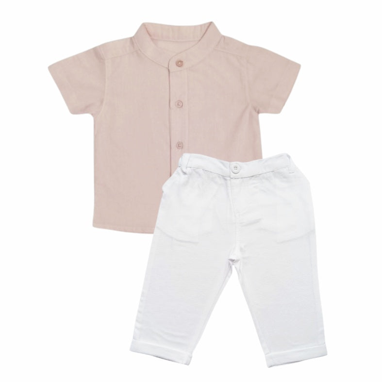 Peach Chinese Collar Shirt With White Pant Set