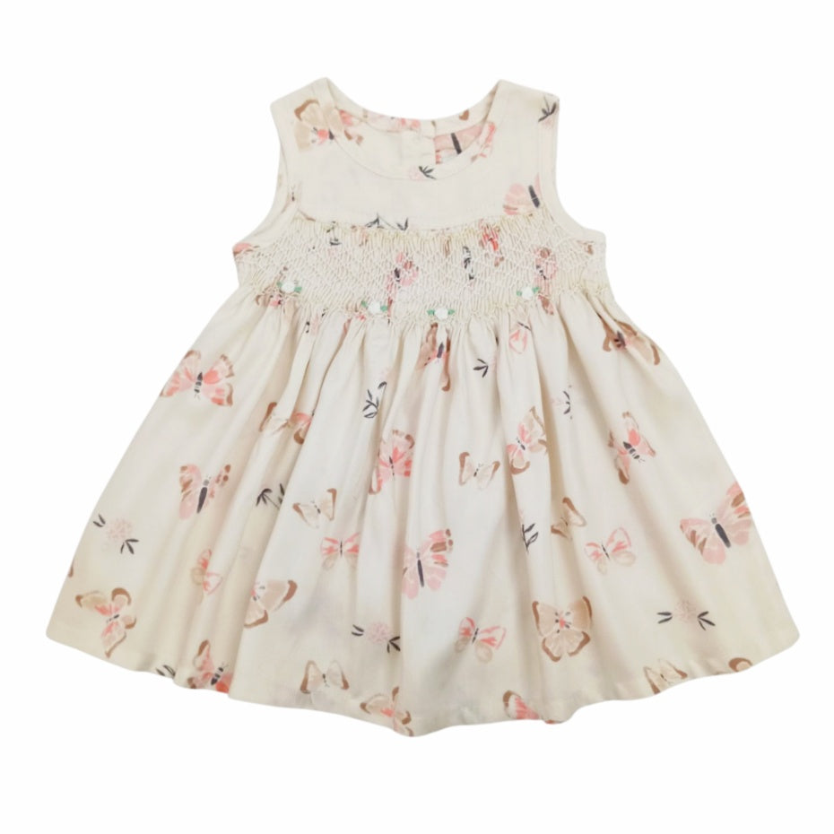 Butterfly Printed Smocked Dress - Peach