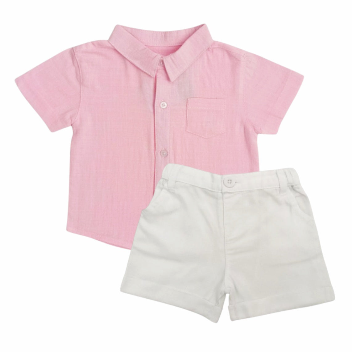 Pink Collar Shirt With White Short Set