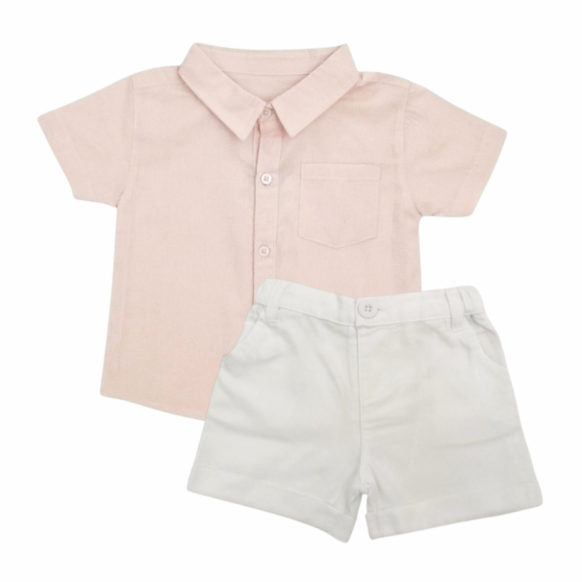 Peach Collar Shirt With White Short Set