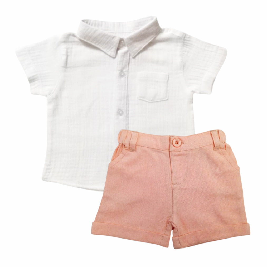 White Shirt With Peach Short Set