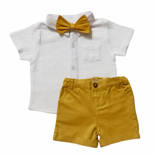 White Shirt With Mustard Yellow Short & Bow Set