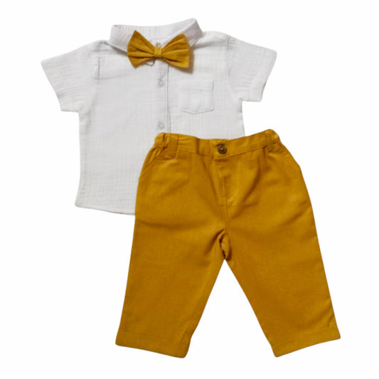 White Shirt With Mustard Yellow Pant & Bow Set