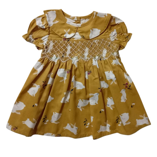 Printed Smocked Dress - Mustard Yellow