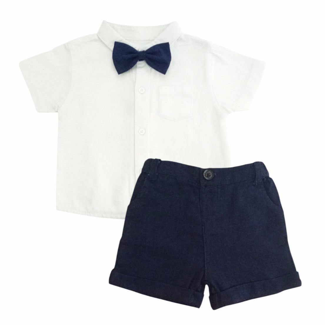 Whie Shirt With Dark Blue Short & Bow Set