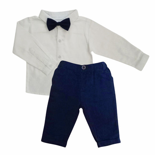 White Longsleeve Shirt With Dark Blue Pant & Bow