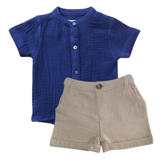Dark Blue Chine Collar Shirt With Beige Short Set