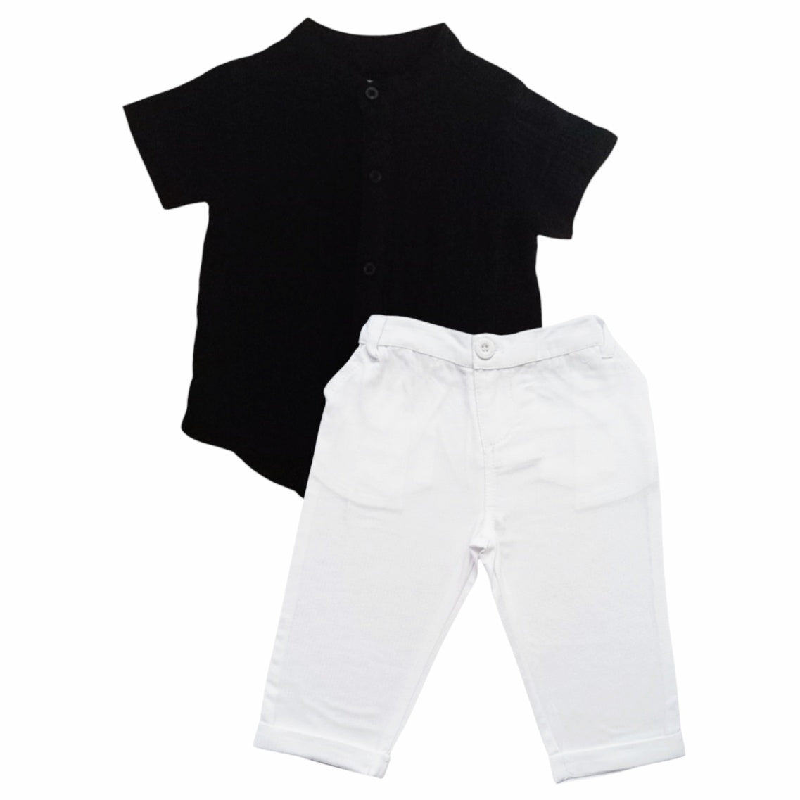 Black Chinese Collar Shirt With White Pant Set