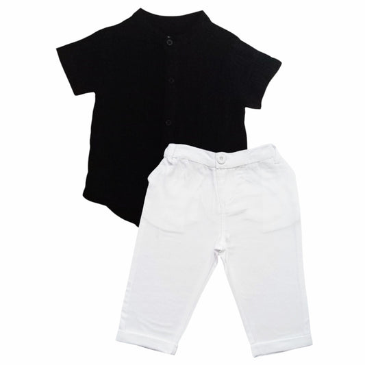 Black Chinese Collar Shirt With White Pant Set