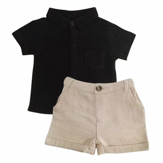 Black Shirt With Beige Short Set