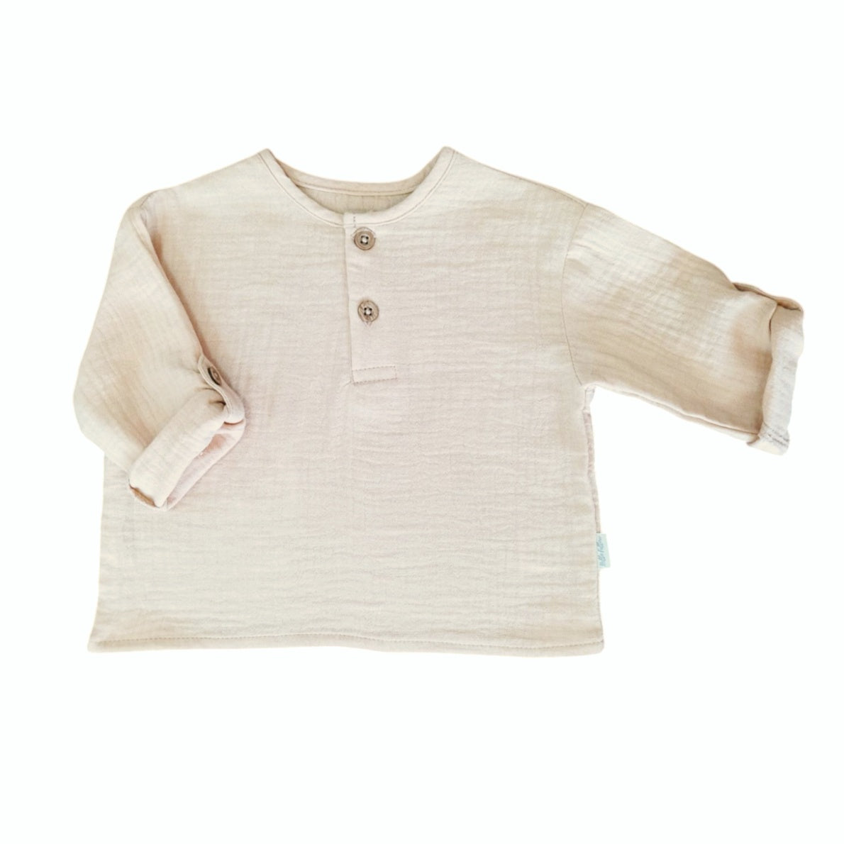 Long Sleeve Round Neck Button Shirt - Beige