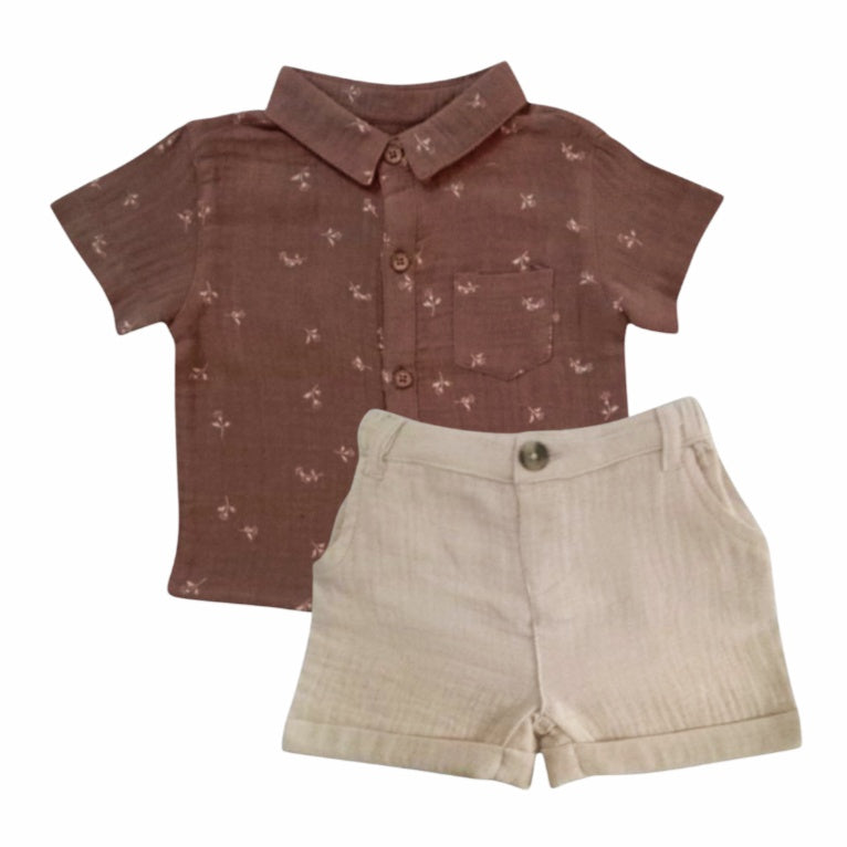 Brown Floral Shirt With Beige short Set