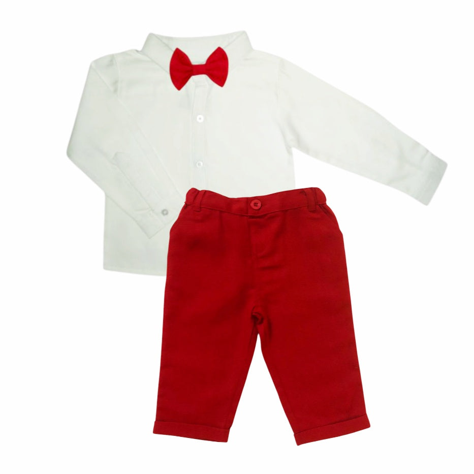 White Long Sleeve Shirt With Red Pant & Bow